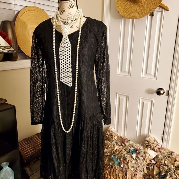 Vintage PASSPORTS  Pier One Black Dropped Waist Plated Dress - Picture 12 of 15